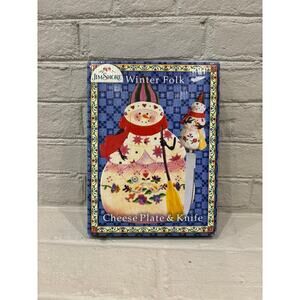 Jim Shore Snowman Cheese Plate & Knife Hand Painted Ceramic NIB